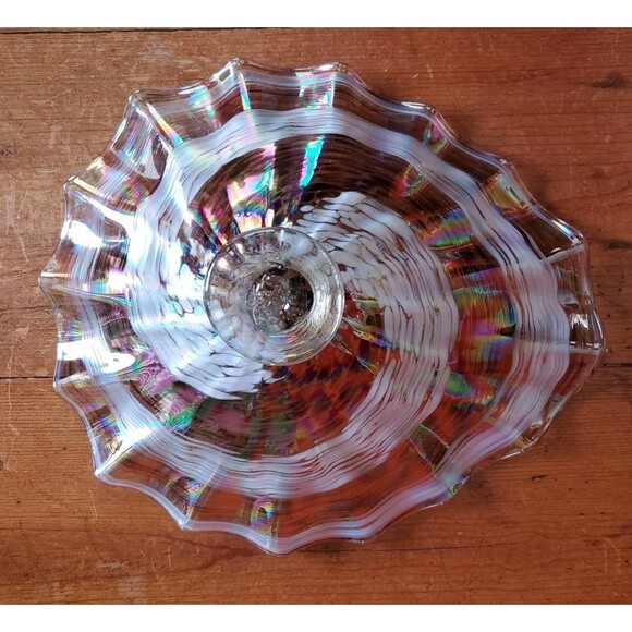 Handmade Blown Art Glass Bowl Ribbon Swirl Ripple Edge Brown Pearlescent Euc - Picture 7 of 10